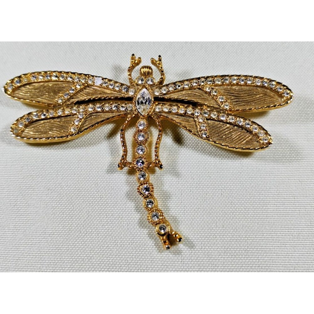Vintage Dragonfly Brooch Gold Tone Encrusted with Clear Rhinestones 2" X 3" Read